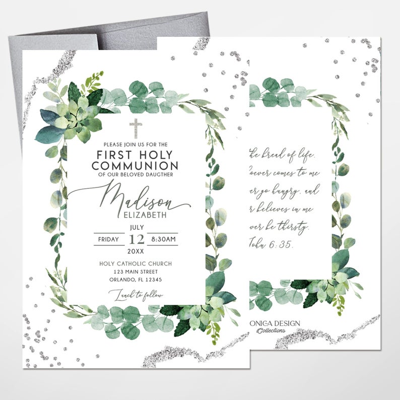 Girl First Holy Communion invitation, Girl religious invitation printed, Grenery Succulents, Girl communion invitation, Greenery invites