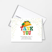 Load image into Gallery viewer, Taco about one Thank You Cards, Cinco de mayo,  Taco Cards, first birthday, set Of 10 A2 Folded, White Envelopes Included, Non Personalized Printed Cards
