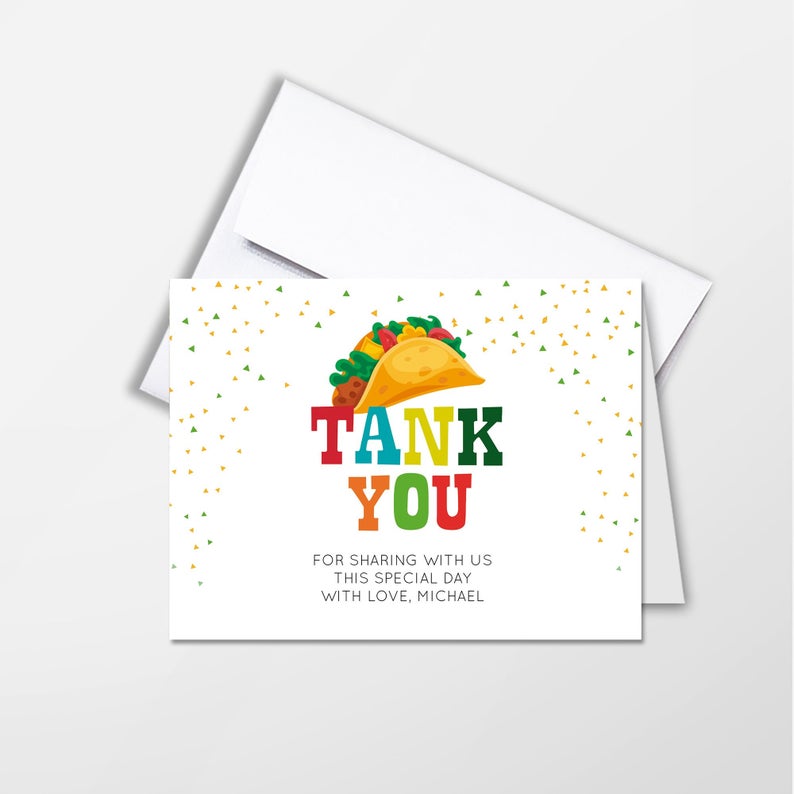 Taco about one Thank You Cards, Cinco de mayo,  Taco Cards, first birthday, set Of 10 A2 Folded, White Envelopes Included, Non Personalized Printed Cards