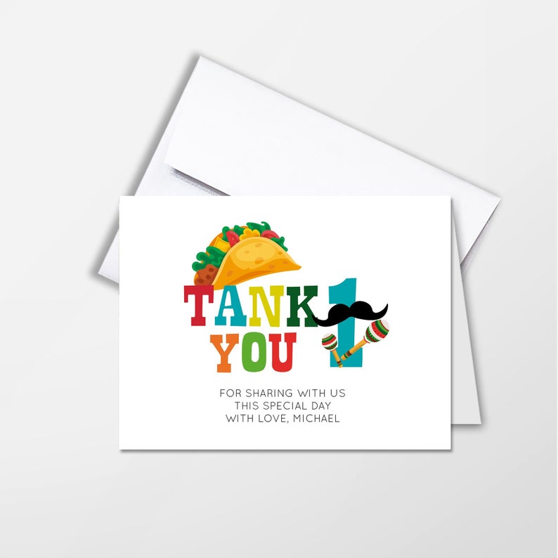 Taco about one Thank You Cards, Cinco de mayo,  Taco Cards, first birthday, set Of 10 A2 Folded, White Envelopes Included, Non Personalized Printed Cards