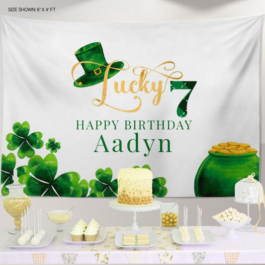 Lucky SEVEN St. Patrick's Day Themed Photo Backdrop,St. Patricks Day Backdrop, Shamrock 7 Birthday banner, any text, Printed or Digital File
