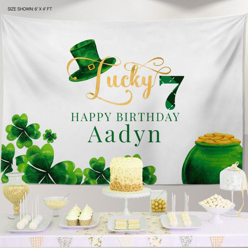 Lucky SEVEN St. Patrick's Day Themed Photo Backdrop,St. Patricks Day Backdrop, Shamrock 7 Birthday banner, any text, Printed or Digital File