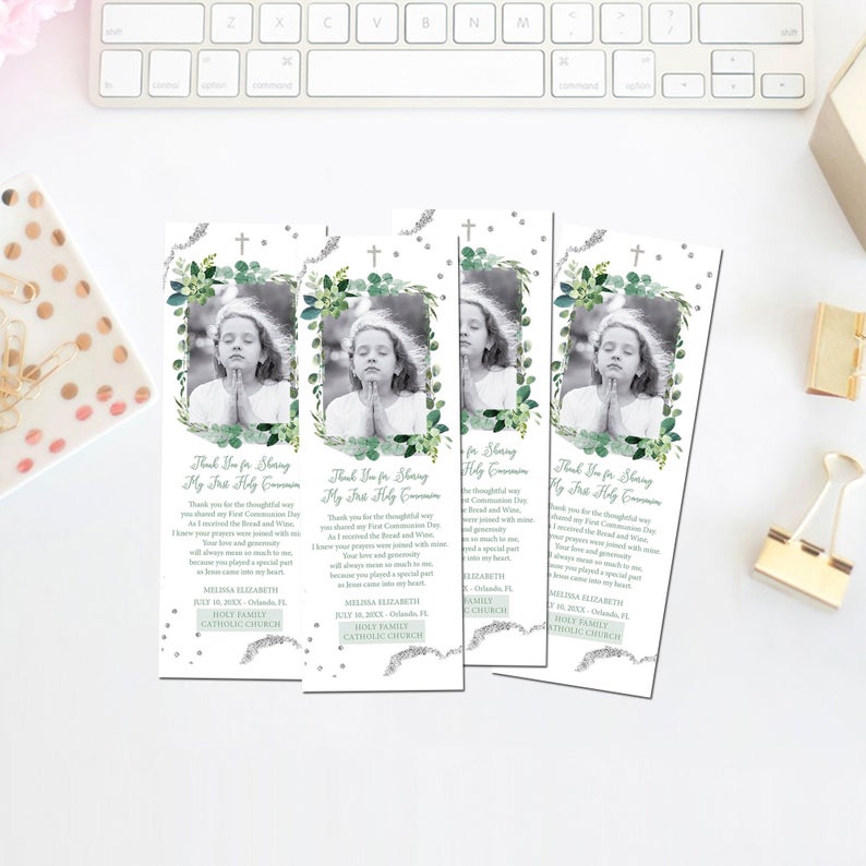 First Communion Cards Succulents Greenery Thank you Cards Handcrafted 3-layers Card Baptism Cards Bookmarks, Tarjetas de Recuerdo