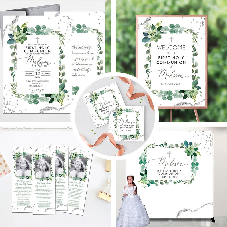 First Communion Cards Succulents Greenery Thank you Cards Handcrafted 3-layers Card Baptism Cards Bookmarks, Tarjetas de Recuerdo