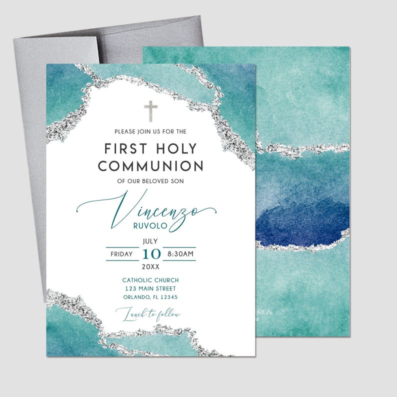 First Communion Invitation Boy or Girl Geode Elegant Invitations, Teal Watercolor Geode Invitation, Geode Teal Invite, Any Religious Event