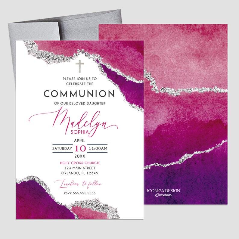 First Communion Invitation Girl or Boy Geode Elegant Invitations, Pink Watercolor Geode Invitation, Any Religious Event, More colors available