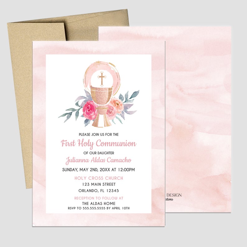 First Communion Invitation Girl Elegant Invitations, Elegant Pink Watercolor Invitation, Any Religious Event, More colors available