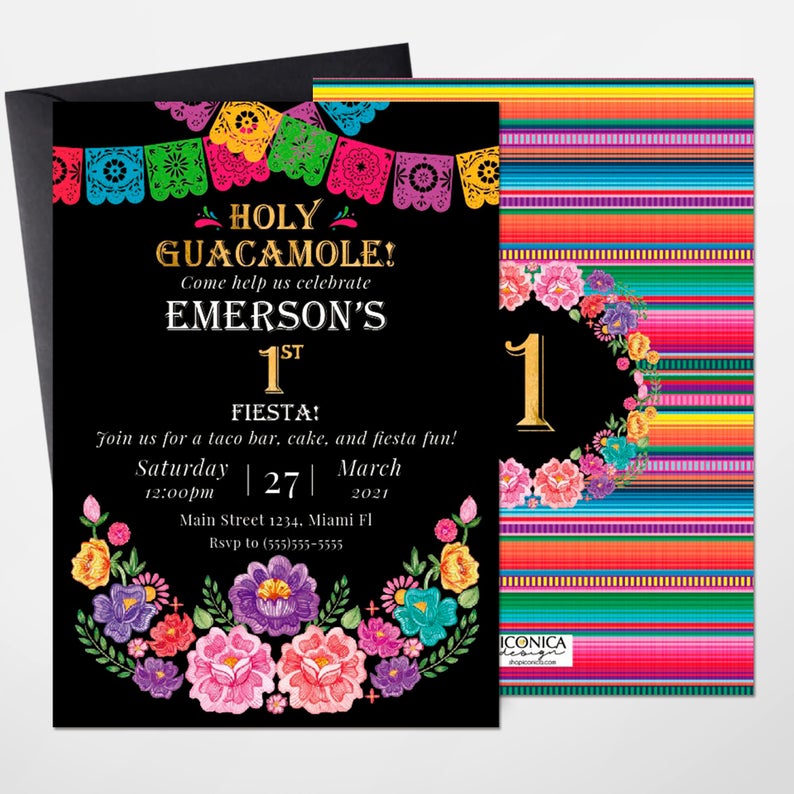 Fiesta theme 1st birthday invitation, Cinco de Mayo Invite, any age, Let's Fiesta cards, First Fiesta invitations, Holy Guacamole Invitation