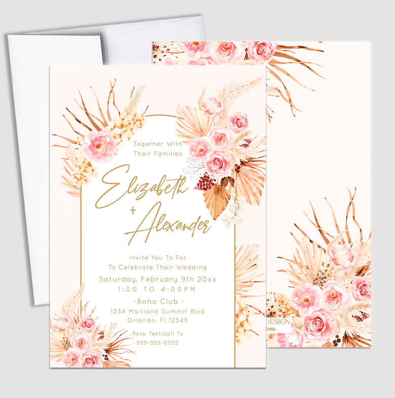 Boho Chic Invitation, boho chic wedding invites, Dried Floral Pink Invite, Boho Bridal Shower Invitations,Pampas theme Wedding Invite