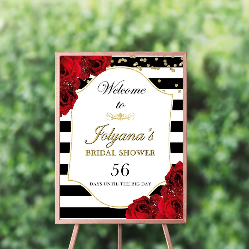Red Rose Welcome Sign Bridal Shower Personalized Red and Black Baby Shower Decorations Custom Red and Gold Welcome Sign Printed Engagement