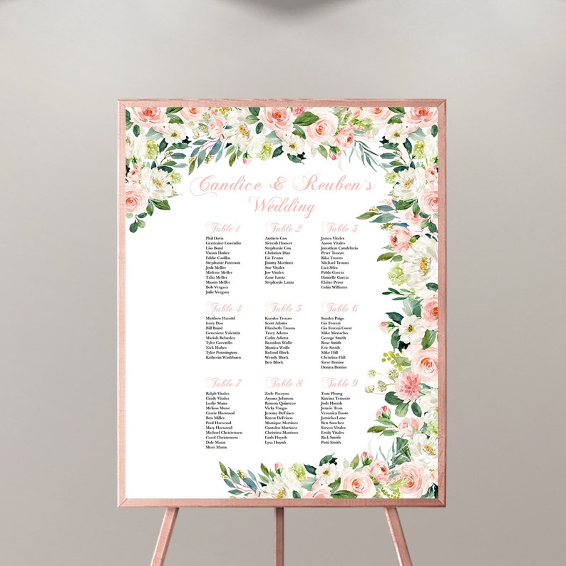Wedding Seating Chart Board Elegant Pink Flowers Printed Seating Chart Guest List Chart Seating Chart Template more colors available