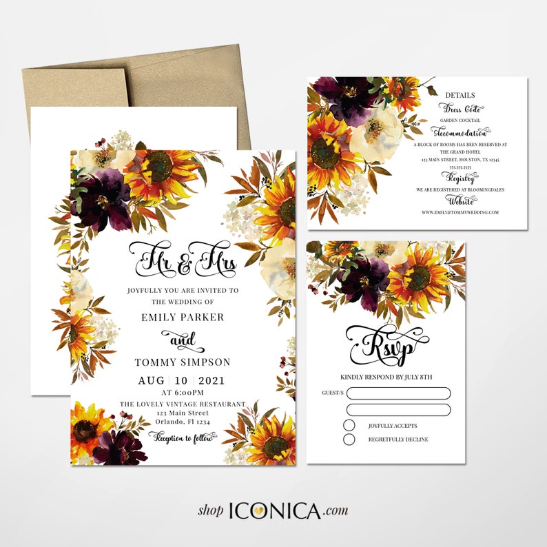 Sunflowers Wedding Place Cards Printed, Fall Party Place Cards, Fall Engagement Party, Printed Tent Cards 3.5x2 in - Burgundy and SunFlowers