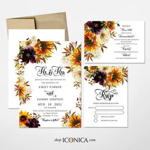 Load image into Gallery viewer, Sunflowers Wedding Place Cards Printed, Fall Party Place Cards, Fall Engagement Party, Printed Tent Cards 3.5x2 in - Burgundy and SunFlowers

