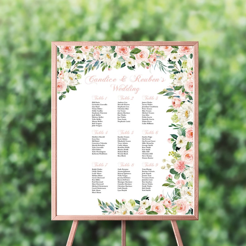Wedding Seating Chart Board Elegant Pink Flowers Printed Seating Chart Guest List Chart Seating Chart Template more colors available