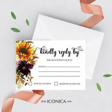 Load image into Gallery viewer, Sunflowers Wedding Place Cards Printed, Fall Party Place Cards, Fall Engagement Party, Printed Tent Cards 3.5x2 in - Burgundy and SunFlowers
