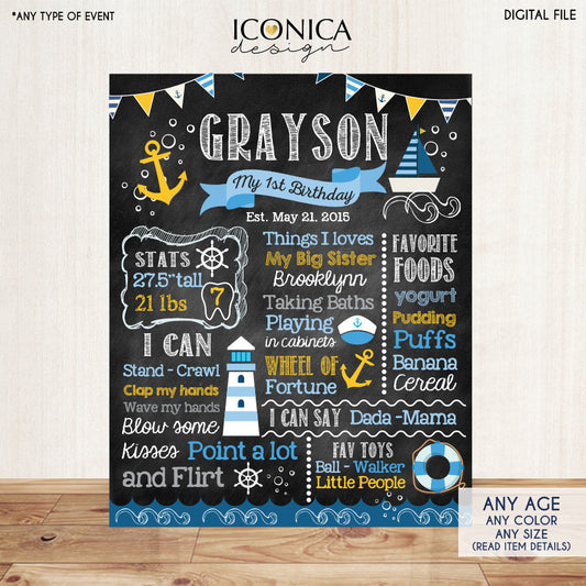 Nautical First Birthday Chalkboard Sign, Sailor Party Poster, Ocean Party, Under The Sea, Blue and Yellow, Digital Or Printed CBD0003