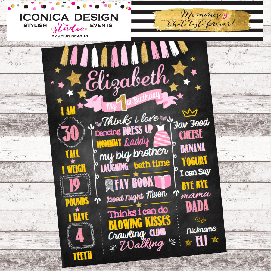 Twinkle Twinkle Girl First Birthday Milestone Poster Gold And Pink Sign Printed Or Printable Chalkboard Sign, Tassel Garland