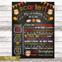 Load image into Gallery viewer, Owl First Birthday Chalkboard Woodland Poster First Birthday Milestone Chalkboard Poster Fall Party Digital File Or Printed Poster CBD0021
