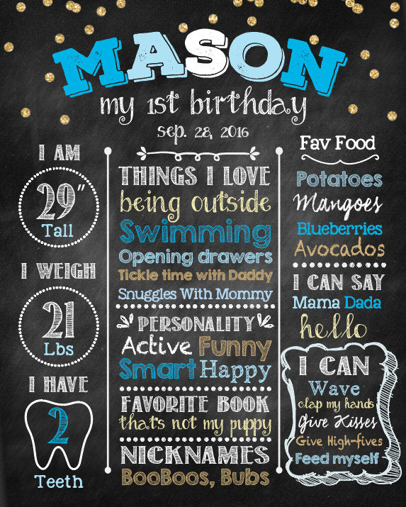 Boy First Birthday Poster Party Blue And Gold Chalkboard Sign Birthday Poster Boy Blue Party Sign Any Color Printed - Printable File CBD0006