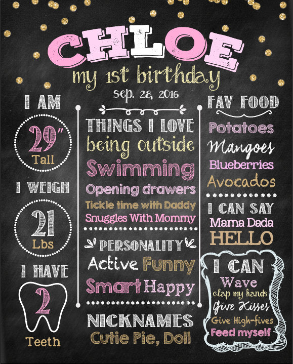 First Birthday Chalkboard Sign Girl First Birthday Party Decor Pink And Gold Chalkboard Poster Printed Or Printable Party Decor Cbd0007