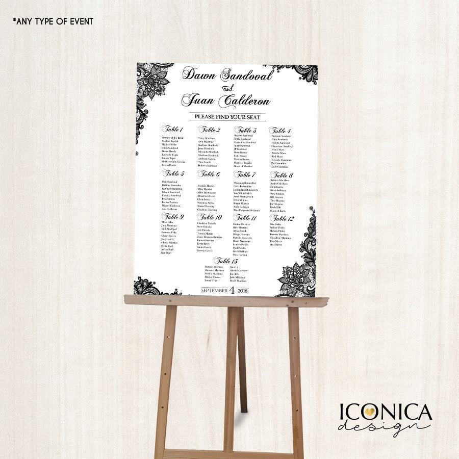Wedding Seating Chart Board, Elegant Black Printed Seating Chart, Guest List Chart, Seating Chart Template Black Lace SCW0002