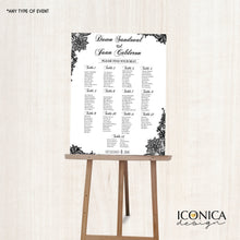Load image into Gallery viewer, Wedding Seating Chart Board, Elegant Black Printed Seating Chart, Guest List Chart, Seating Chart Template Black Lace SCW0002
