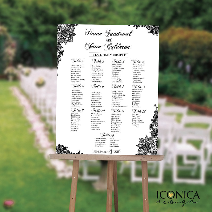 Wedding Seating Chart Board, Elegant Black Printed Seating Chart, Guest List Chart, Seating Chart Template Black Lace SCW0002