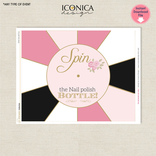 French Birthday Party Game "Spin the (nail polish) bottle" Parisian Party Pink and Gold Black and White | Printable Game DIY Size: 8x10"