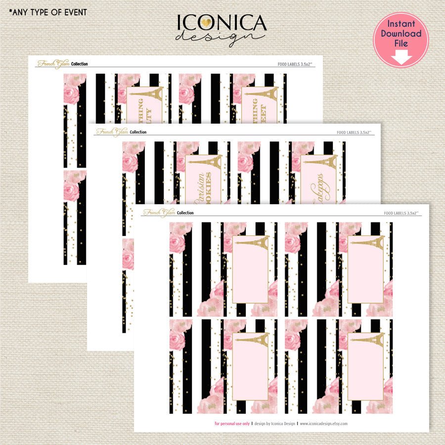 French Birthday Party Food Labels Tend Cards Buffet Signs Parisian Party Pink And Gold Black And White Stripes | Printable Party Decor Diy