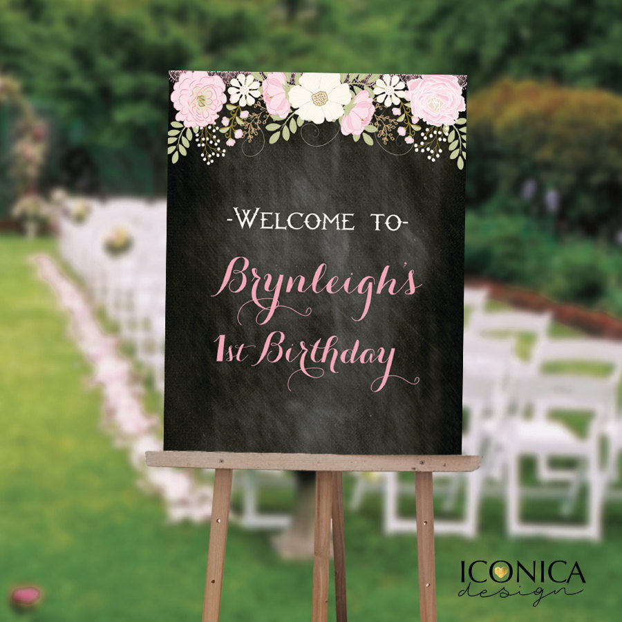 Floral First Birthday Welcome Sign Garden 1st Birthday Sign Chalkboard First Birthday Any Color Any Age Printed Or Printable File Wsb0001