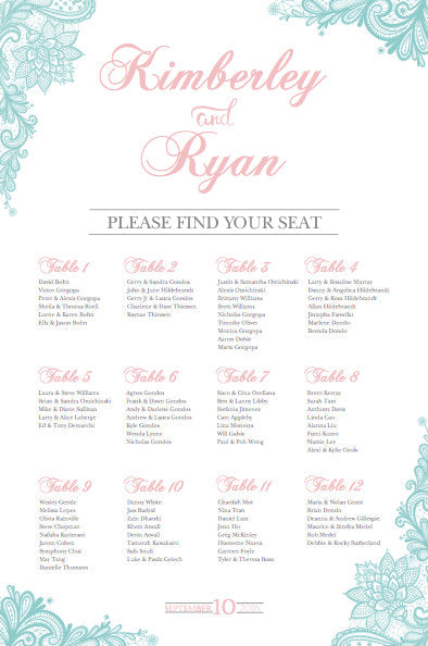 Wedding Seating Chart, Aqua Blue Chart, Guest List Chart, Seating Chart Template Lace Aqua Any Color Printed SCW0006