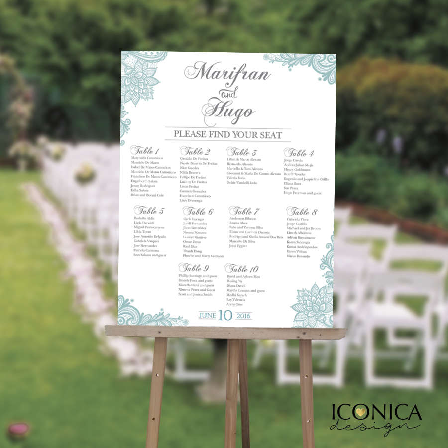 Wedding Seating Chart, Aqua Blue Chart, Guest List Chart, Seating Chart Template Lace Aqua Any Color Printed SCW0006