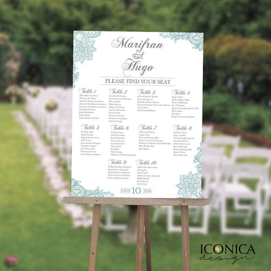 Wedding Seating Chart, Aqua Blue Chart, Guest List Chart, Seating Chart Template Lace Aqua Any Color Printed SCW0006