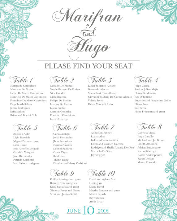 Wedding Seating Chart Board, Elegant Black Printed Seating Chart, Guest List Chart, Seating Chart Template Black Lace SCW0002