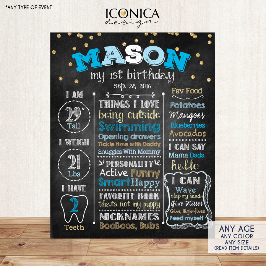 Boy First Birthday Poster Party Blue And Gold Chalkboard Sign Birthday Poster Boy Blue Party Sign Any Color Printed - Printable File CBD0006