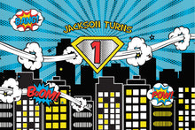 Load image into Gallery viewer, Superheroes BACKDROP, Super hero Comic Theme, We Customize initial, Name Or Age, Super Hero Party, Printed Or Printable File BBD0067
