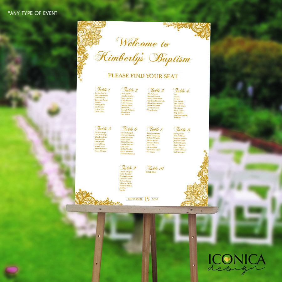 Baptism Seating Chart Board, Elegant Gold Lace Seating Chart, Guest List Chart, Seating Chart Template Gold Lace, Printed SCW0008
