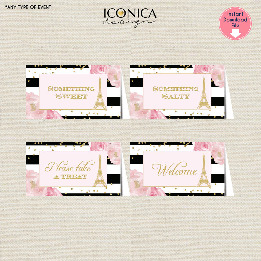 French Birthday Party Food Labels Tend Cards Buffet Signs Parisian Party Pink And Gold Black And White Stripes | Printable Party Decor Diy