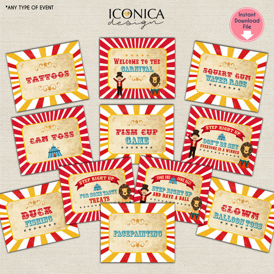 Carnival Party Signs Vintage Circus Signs Set of 12 - 8x10", Carnival Printable Signs Welcome to the Carnival SBD0003