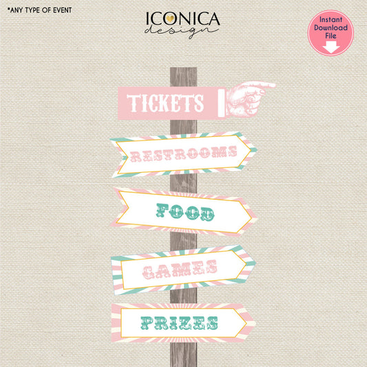 Circus Party Directional Signs Set of 5 Vintage Circus Digital Files Instant Download Circus Printable Signs Directional Signs Pastel colors