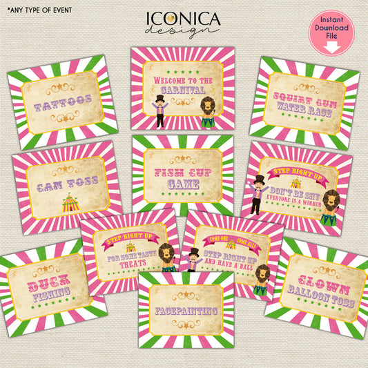 Carnival Party Signs Vintage Circus Signs Set Of 12 - 8x10" Digital Files, Printable Signs Welcome To The Carnival Hot Pink SBD0002