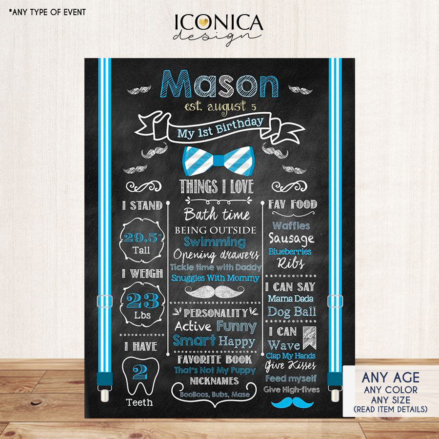 First Birthday Chalkboard Sign Little Man 1st Birthday Poster Mustache Bash Bowties Birthday Photo Prop Blue Printed Or Printable Cbd0002