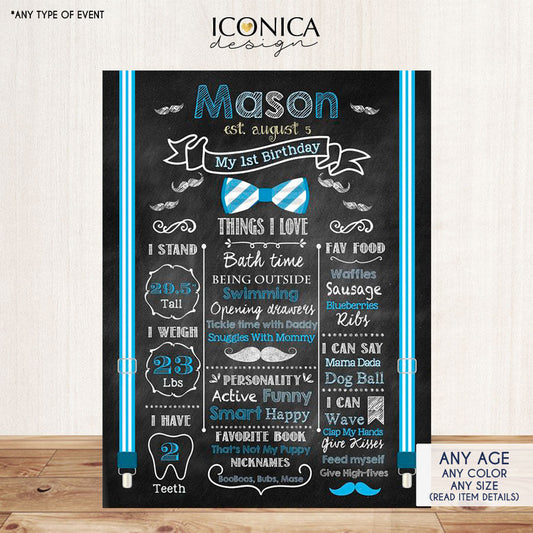 First Birthday Chalkboard Sign Little Man 1st Birthday Poster Mustache Bash Bowties Birthday Photo Prop Blue Printed Or Printable Cbd0002