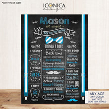 Load image into Gallery viewer, First Birthday Chalkboard Sign Little Man 1st Birthday Poster Mustache Bash Bowties Birthday Photo Prop Blue Printed Or Printable Cbd0002
