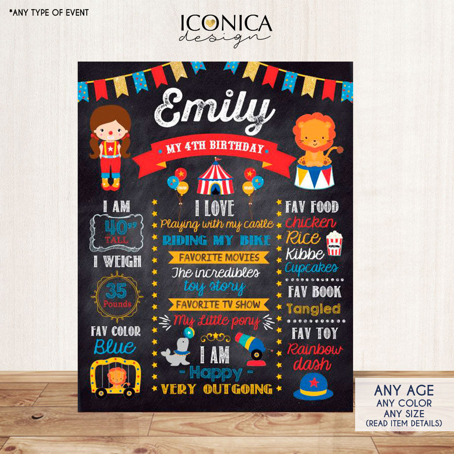 Carnival-Circus First Birthday Chalkboard Poster,Birthday Chalkboard Sign, Milestone Poster,Girl or Boy, Any Age, Digital or Printed CBD0031