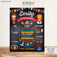 Load image into Gallery viewer, Carnival-Circus First Birthday Chalkboard Poster,Birthday Chalkboard Sign, Milestone Poster,Girl or Boy, Any Age, Digital or Printed CBD0031
