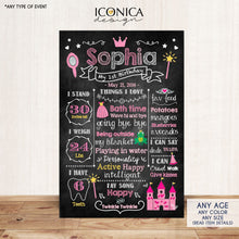 Load image into Gallery viewer, Princess First Birthday Chalkboard Poster Princess First Birthday Sign Fairytale Birthday Party Girl Milestones Poster CBD0040
