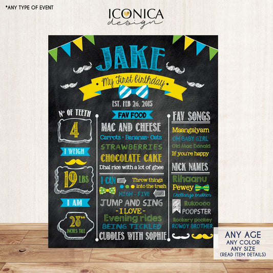 BOWTIE - Mustache - Little Man - First Birthday Chalkboard Sign Birthday Poster Any Color Any Age Printed Printable File CBD0020
