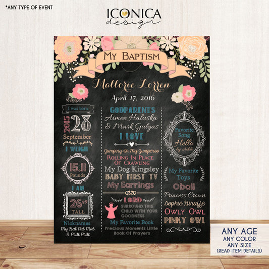 Peach Floral Baptism Chalkboard, Christening Chalkboard Poster, First Birthday Floral Poster, Peach Flowers, Printed or Printable File