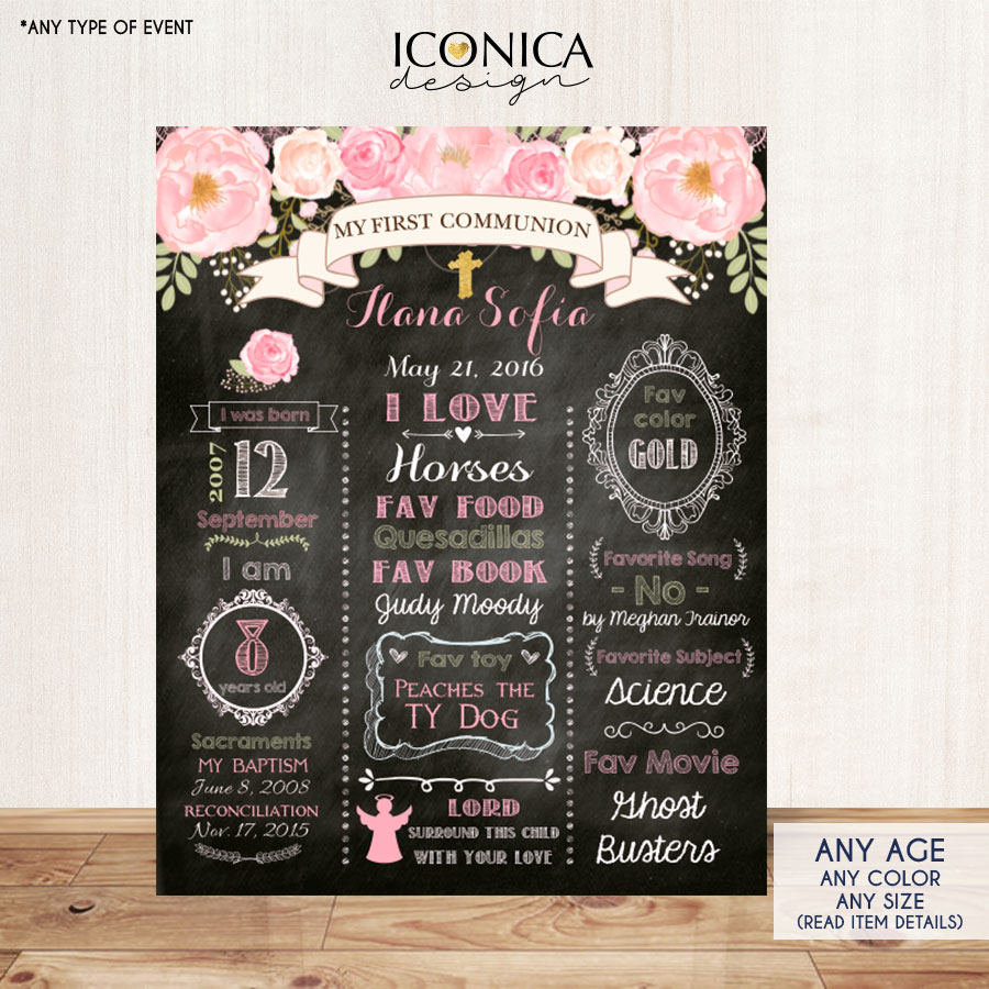 Floral First Holy Communion Chalkboard Sign Poster - Baptism - Or Any Type Of Event - Any Age, 1st Birthday Digital Or Printed Cfc0002